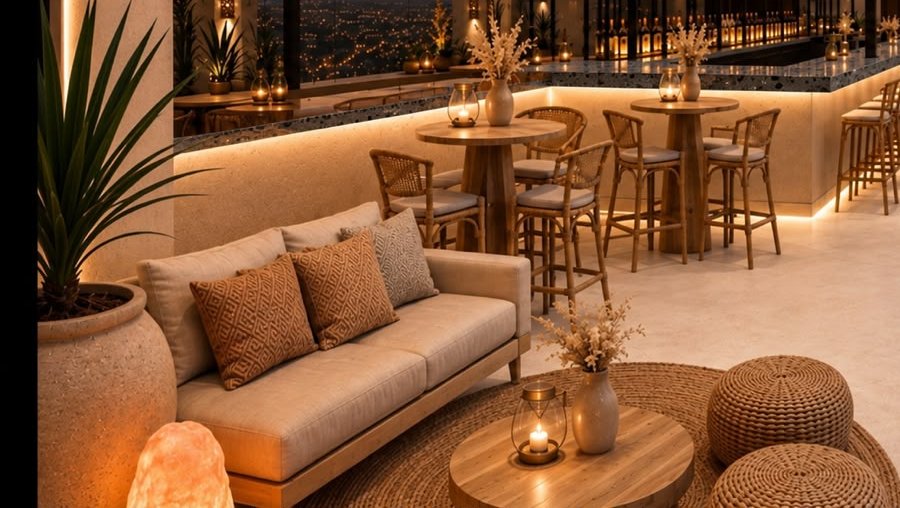 Lounge del rooftop al atardecer (render oficial)